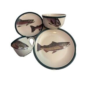 Trout Fish Place Setting-Dinner Plate Bowl Mug Saucer Wild Wings Geoff Hager1998